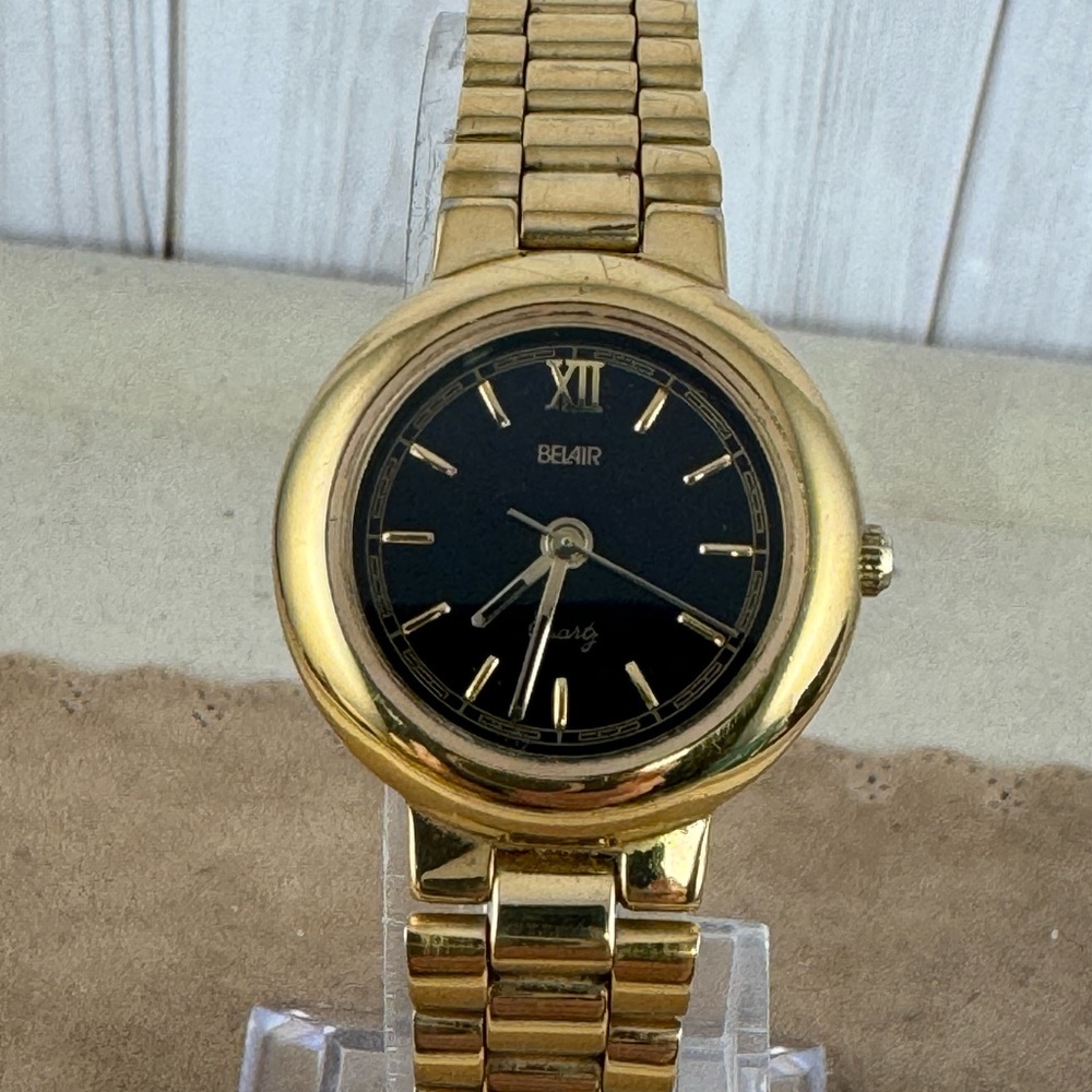 Vintage Belair Gold Tone Watch with Black face Roman Numerals